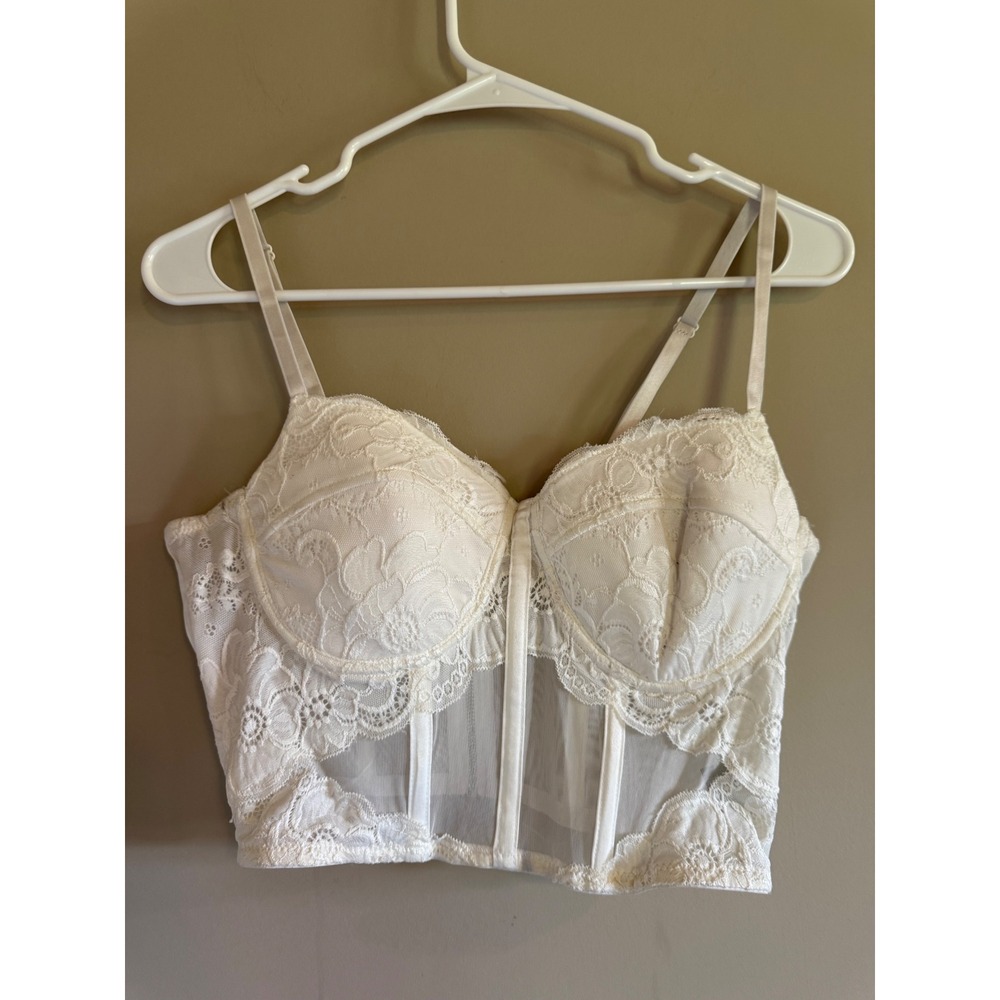 Say What White Lace Corset Top Sheer Mesh Bustier Cropped Zipper Back Medium